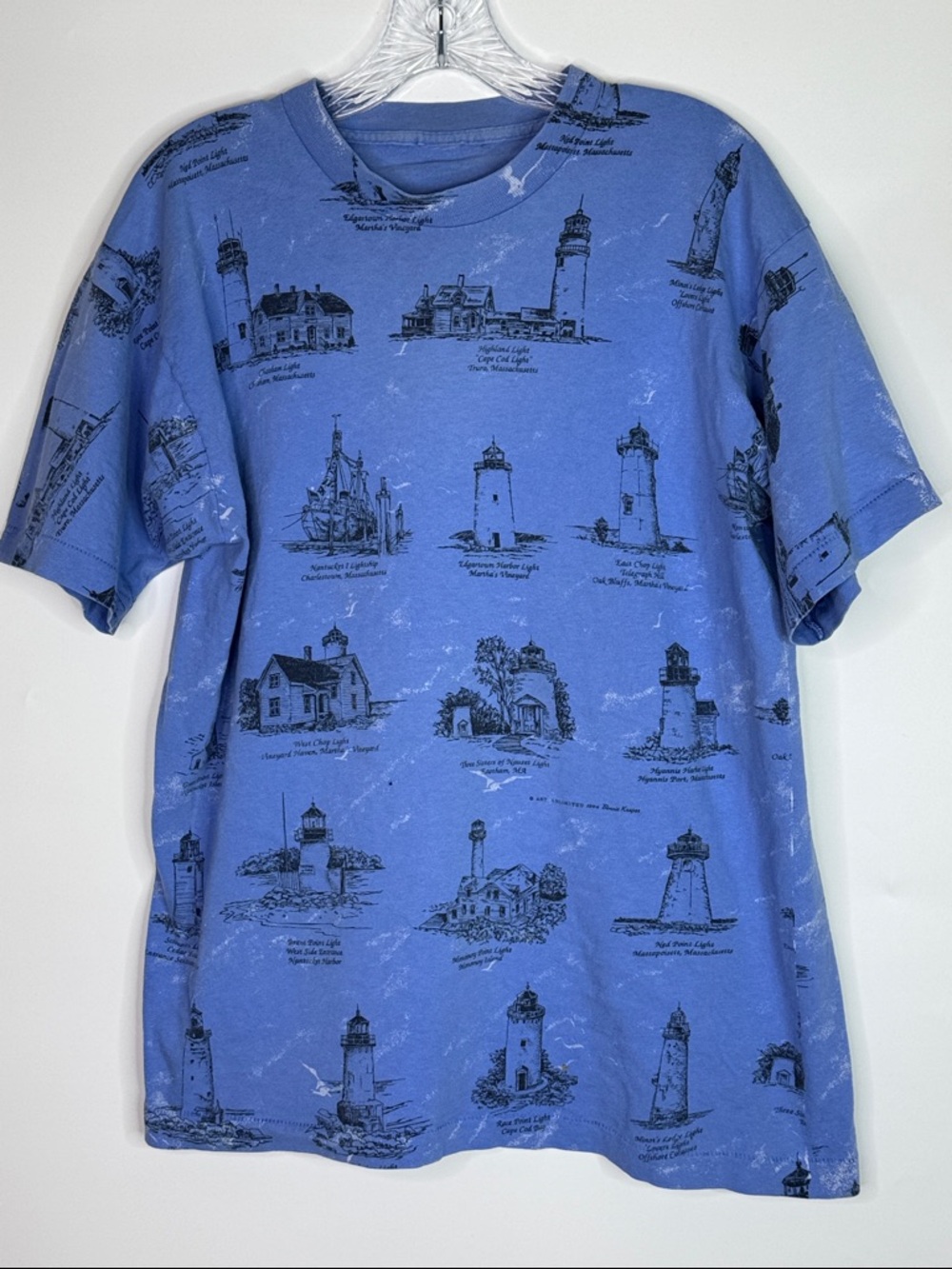 Vintage Art Unlimited AOP Massachusetts Lighthouses Blue Tshirt Large 90s